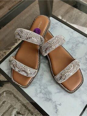 Madden Girl Silver Beaded Double-Strap Slide Sandals